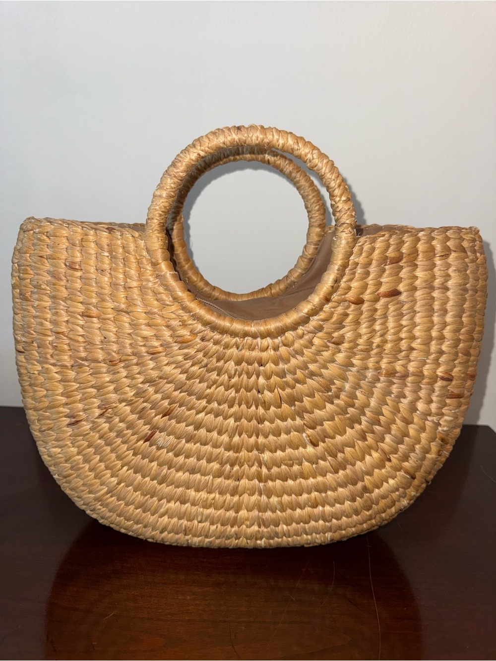 Woven Straw Crescent Tote with Pastel Rainbow Detail - Picture 3 of 7